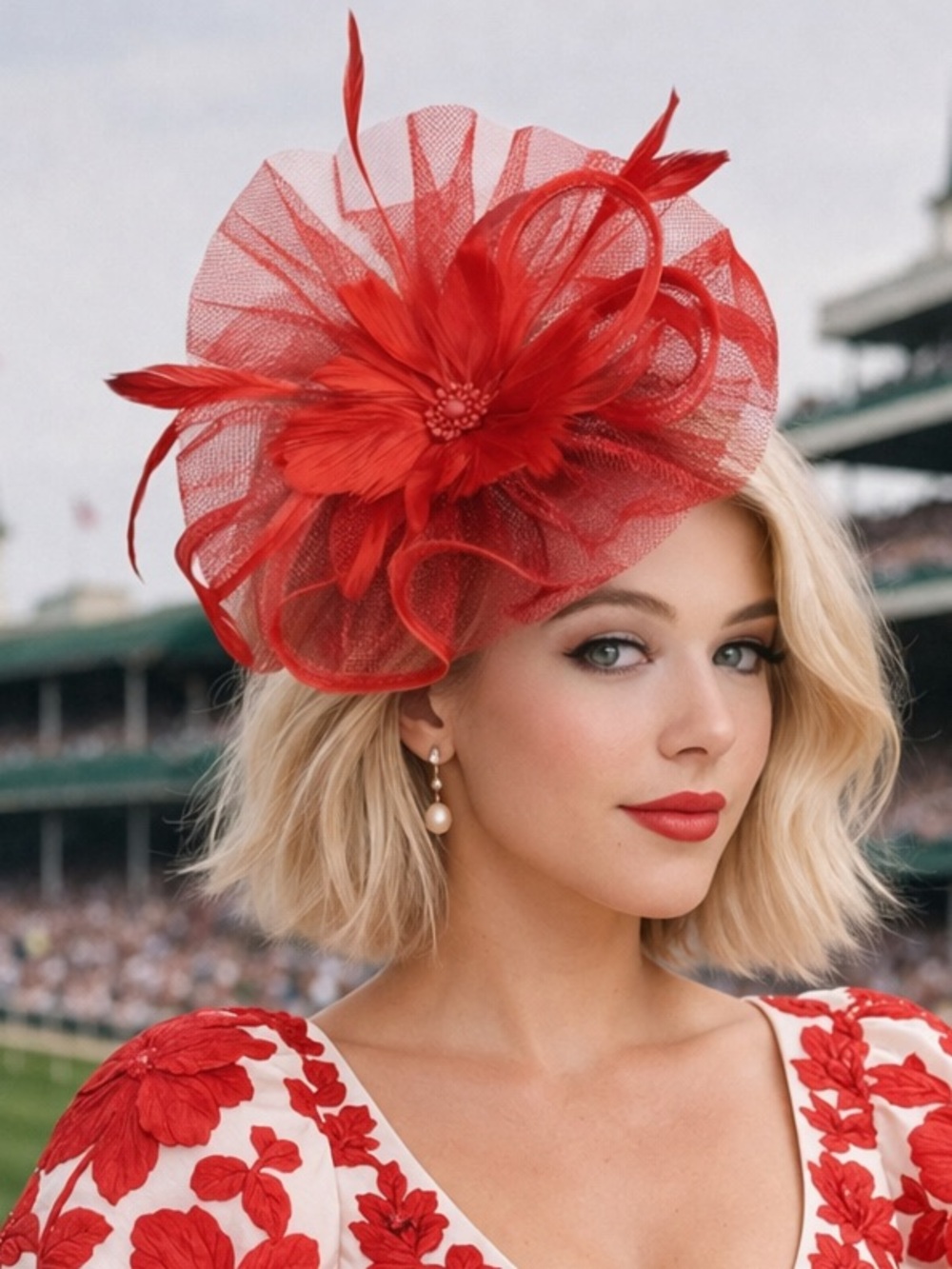 Red Kentucky Derby Hat Feather Flower Fascinator Formal Statement Headwear